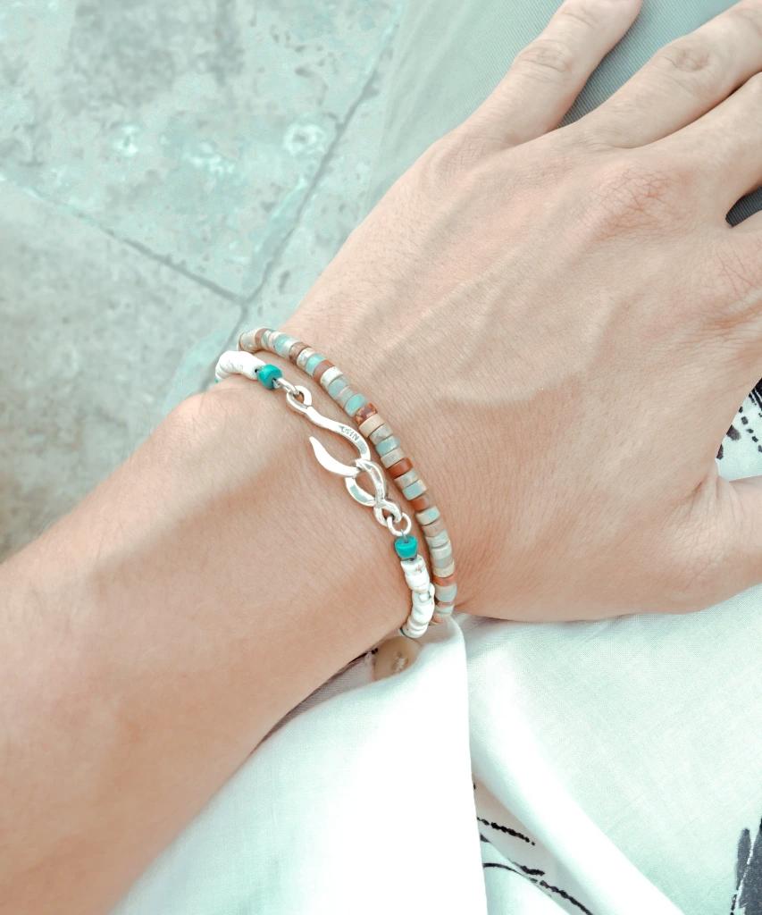 Bracelet perles heishi jaspe serpentine et argent Kiro ÕJIN by Léo
