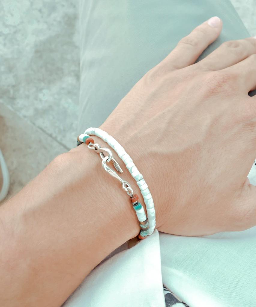 Bracelet perles heishi pierre fine blanche howlite et argent Shiro ÕJIN by Léo